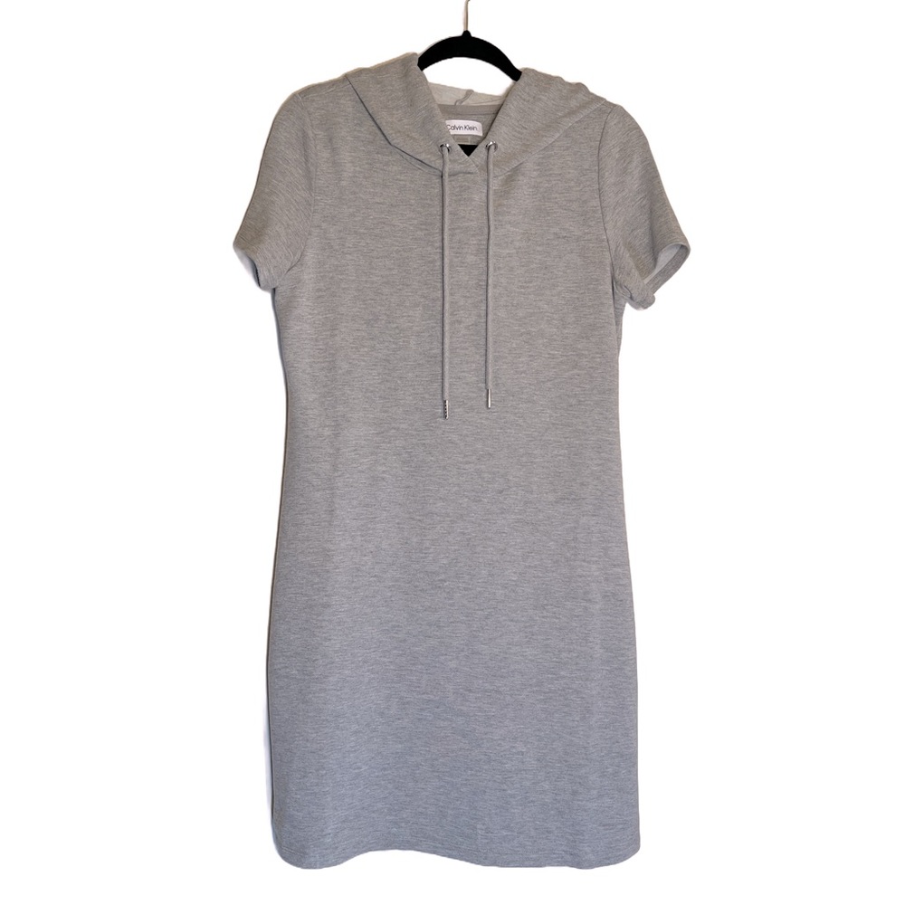 Calvin Klein mini jersey knit dress with drawstring hoodie, short sleeves M
